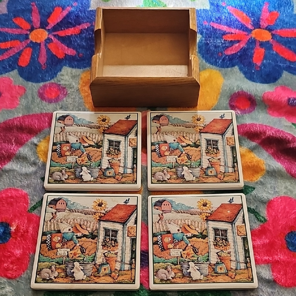 Pimpernel Farmhouse Scene Coasters with Wooden Holder